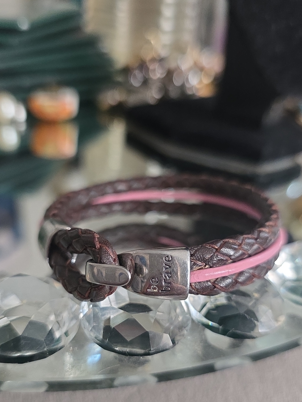 Brave Double-Wrap Braided Leather Bracelet in Brown and Pink